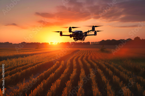 an aerial drone is flying over a field at sunset