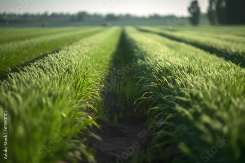 Rows of green crops with selective focus at summer day light, neural network generated image