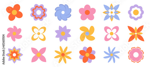 Colorful groovy retro flower daisy set. Hippie stickers. Modern abstract template. Vintage decorative design element.