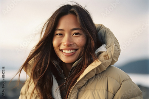 Young happy asian woman portrait smiling outdoors with a puffer jacket photo