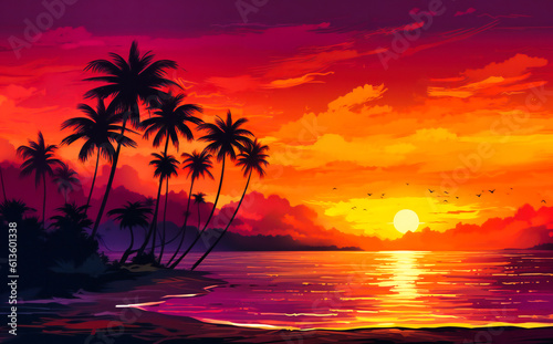 a sunset with palm trees and beautiful ocean background