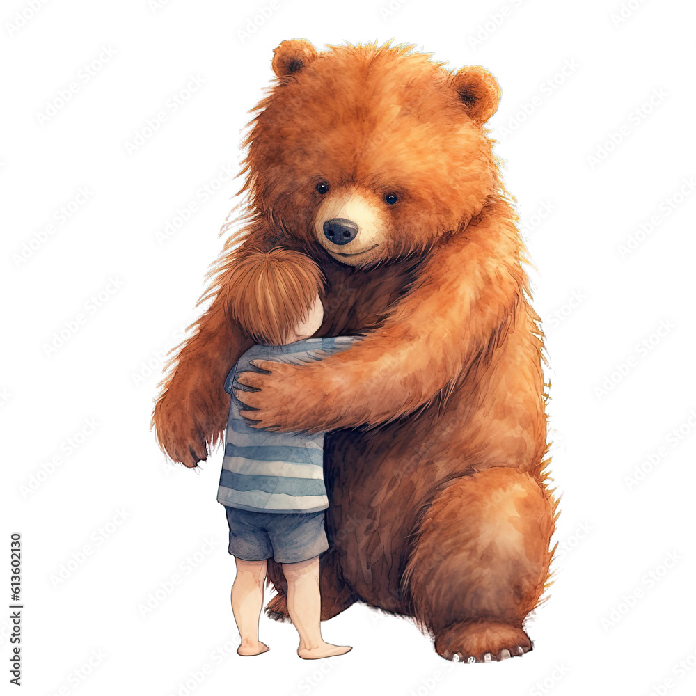 a little boy embracing a large brown bear with a smile on his face a little boy embracing a large brown bear with a smile on his face