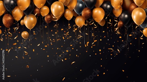 Celebration banner with gold confetti and balloons - happy birthday concept  Generative AI