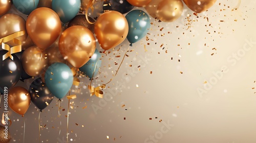 Celebration banner with gold confetti and balloons, happy birthday concept, Generative AI