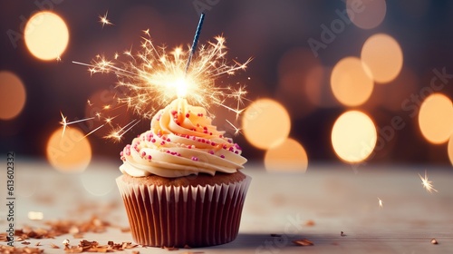 Cupcake with Candle - Chocolate Cupcake With Sparkler And Hearts Of Lights and space for text, Generative AI