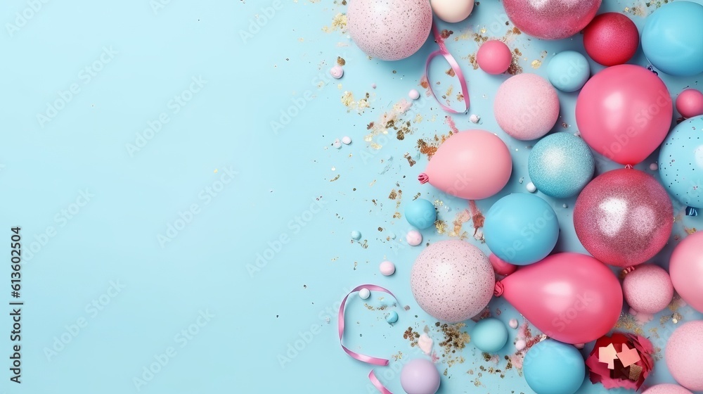 Flat lay decoration party pastel blue background top view - happy birthday concept, Generative AI