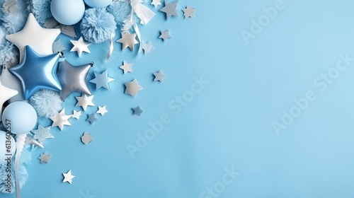 Flat lay decoration party pastel blue background top view - happy birthday concept  Generative AI
