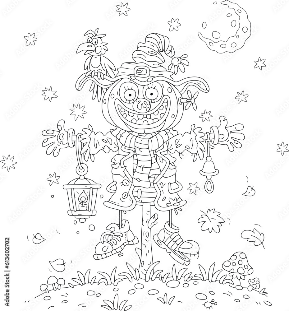 Happy Halloween card of a funny scarecrow with a ghastly pumpkin had and a crow perched on its witch hat on a mysterious moonlit night, black and white vector cartoon