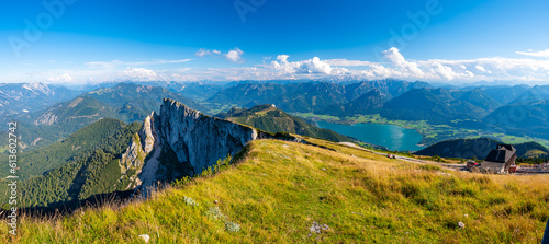Top of Schafberg hill, Austria. View of big rock on top of mountain. Summer hiking.