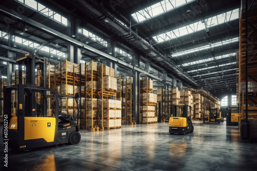 Large modern warehouse with forklift