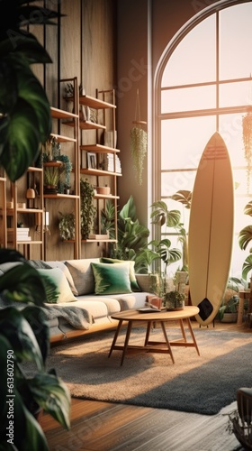 Interior of a bright living room with a surfboard. Generative AI