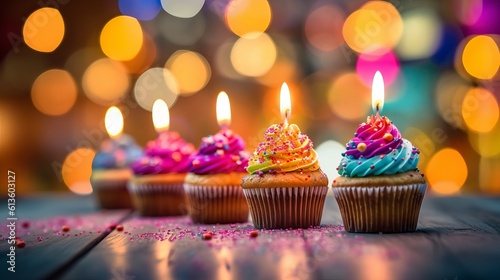 Birthday Cake with Candles - Vibrant Cupcake Delights: Colorful Row with Candles and Bokeh Lights, Generative AI