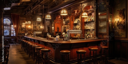 A wooden interior bar with stylish stools