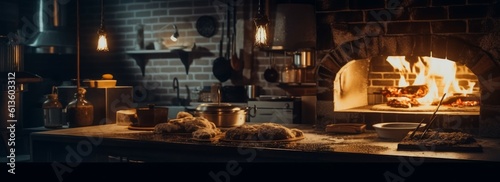 Professional pizzeria kitchen with a large oven. Generative AI