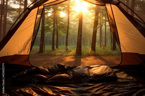 A tent nestled amidst the tranquil forest, basking in the soft hues of a glorious sunrise