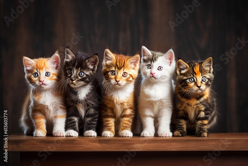 Group of kittens on a wooden shelf in front of a dark background. selective focus.