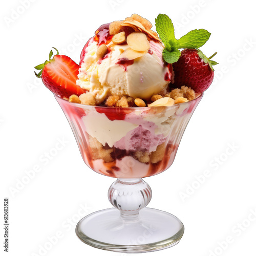  an indulgent ice cream sundae topped with fresh strawberries and crunchy nuts