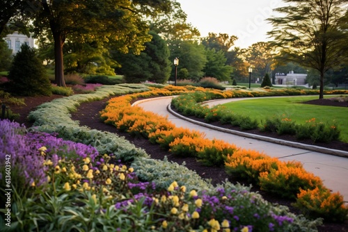 footpath of light-colored slabs leads through a well-kept planted park created with Generative AI technology