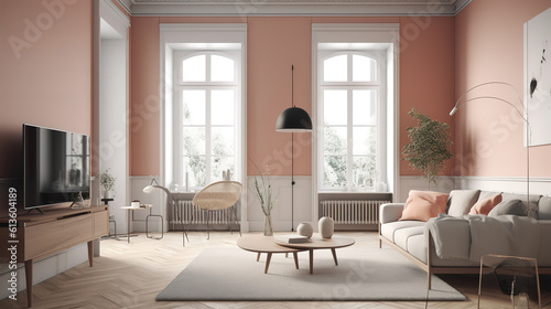 Stylish scandinavian living room with design mint sofa. Generative Ai