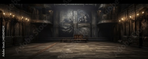 Quiet darkness engulfs the empty auditorium, awaiting the emergence of vibrant performances.