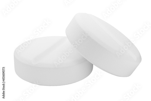 Medical tablet. Round pill on the side. Drug. Vitamins in the form of a tablet. 3d render.