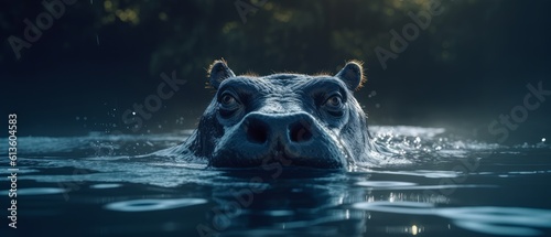 Hippopotamus swims gracefully in the river water. Generative AI