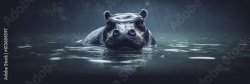 Hippopotamus swims gracefully in the river water. Generative AI © ColdFire