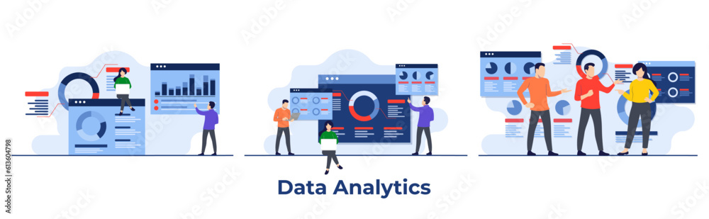 Set of business analytics concepts, A team of specialists looking at business analytics dashboards, SEO optimization, Financial reports, Statistics, Financial Research, Marketing