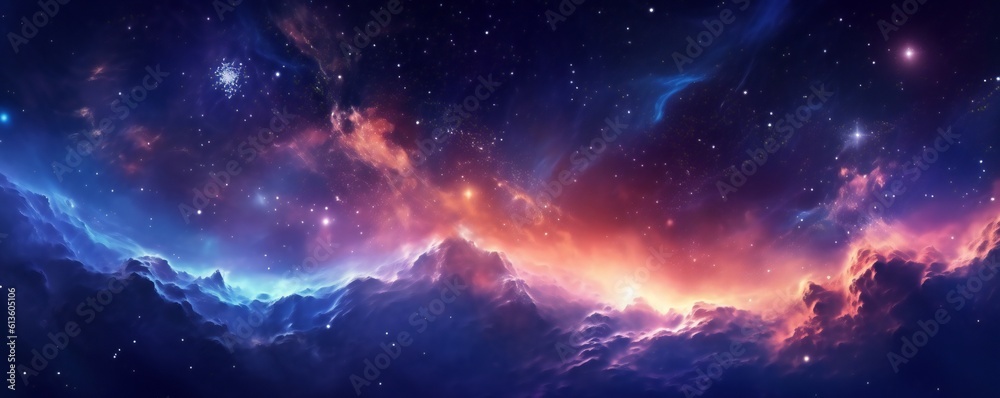 Fototapeta premium Space background with stardust and shining stars. Realistic colorful cosmos with nebula and milky way. Blue galaxy background. Beautiful outer space. Infinite universe Generative AI