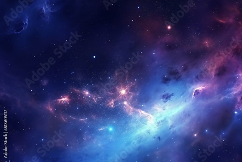 Space background with stardust and shining stars. Realistic colorful cosmos with nebula and milky way. Blue galaxy background. Beautiful outer space. Infinite universe Generative AI