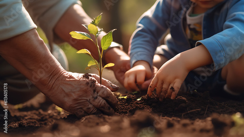 Grandfather shows his grandson how to plant a tree and take care of the garden and plants. Created with Generative AI technology.