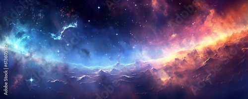 Space background with stardust and shining stars. Realistic colorful cosmos with nebula and milky way. Blue galaxy background. Beautiful outer space. Infinite universe Generative AI © LayerAce.com