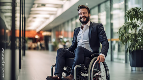 Businessman in a wheelchair in a modern office.Created with Generative AI technology.