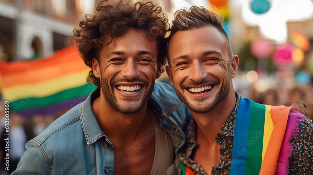 Happy young homosexual couple on the LGBT parade.Created with Generative AI technology. Happy young homosexual couple on the LGBT parade.Created with Generative AI technology.