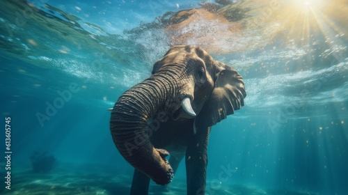 African elephant swims gracefully underwater. Generative AI