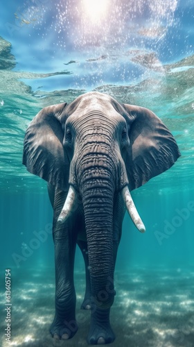 African elephant swims gracefully underwater. Generative AI © ColdFire