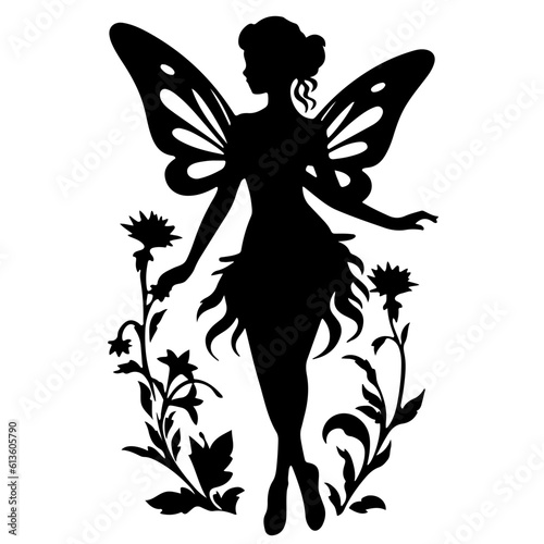 A simple stencil of a large and simple and beautiful fairy, black and white, stencil, livinia stamps style