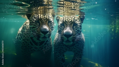 Leopard swims gracefully underwater. Generative AI