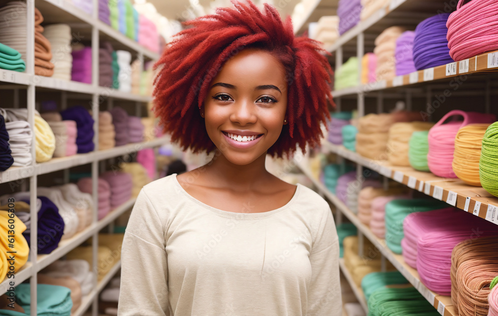 Young african american woman with red hair shopping in mall, generative ai