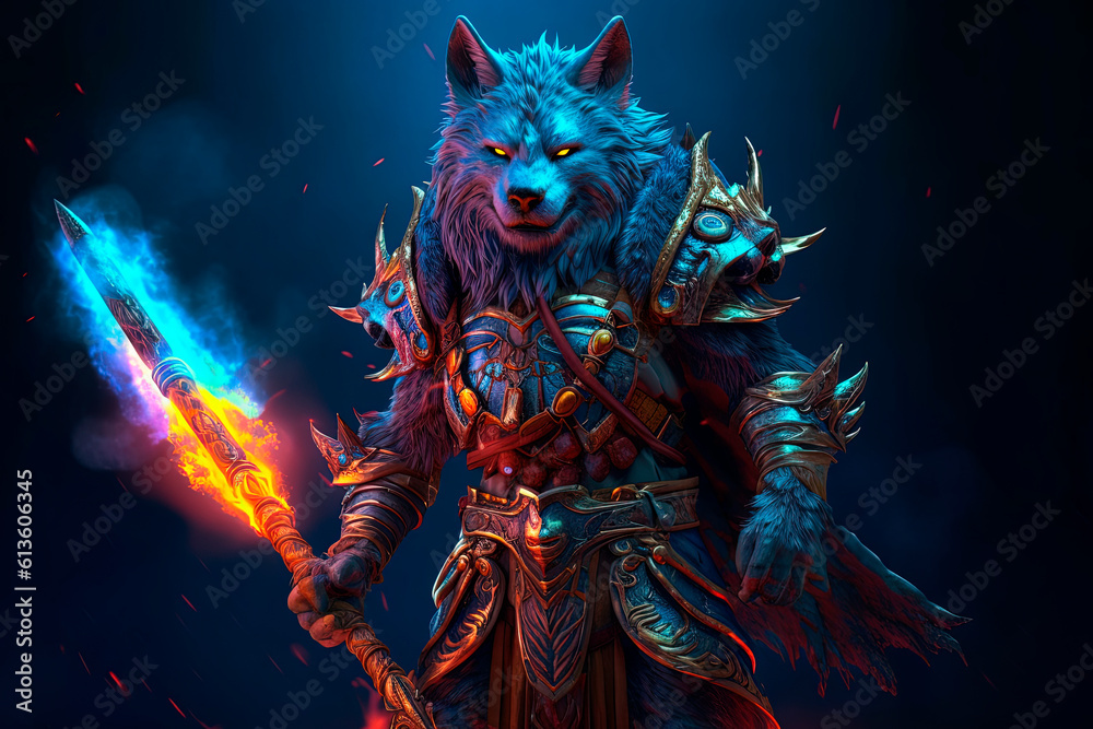 Wolf character in armor holding a spear popul. Generative AI
