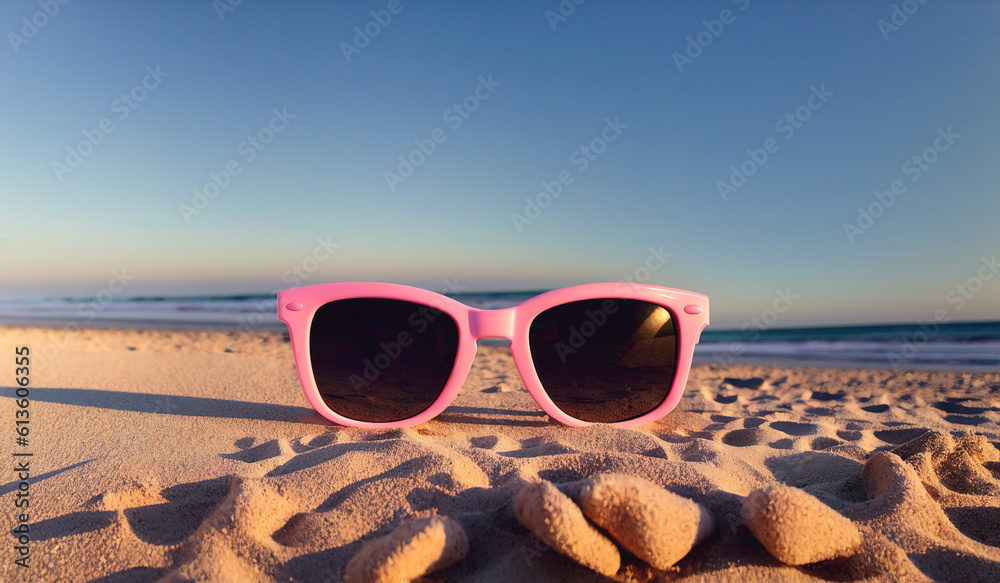 Sunglasses on sandy beach by sea, ocean at sunset. Generative AI.