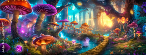magical night glowing forest with hallucinogenic mushrooms  banner  made with Generative AI