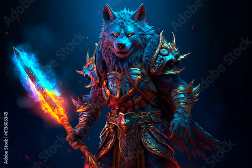 Wolf character in armor holding a spear popul. Generative AI © Oleksandr