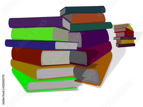 some piles of books with colorful covers with white background