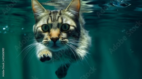 Cat swims gracefully underwater. Generative AI © ColdFire
