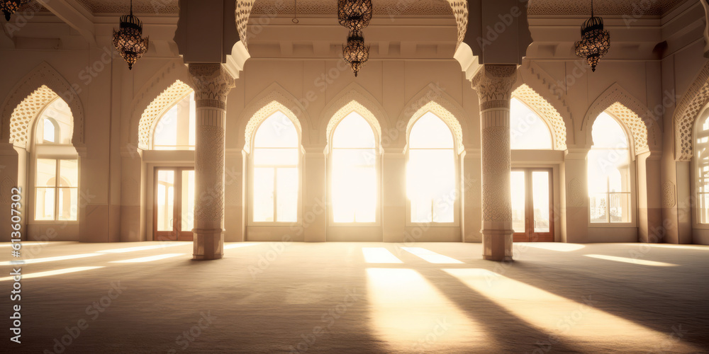 interior of a beautiful islamic mosque with ornate archway. Generative ai
