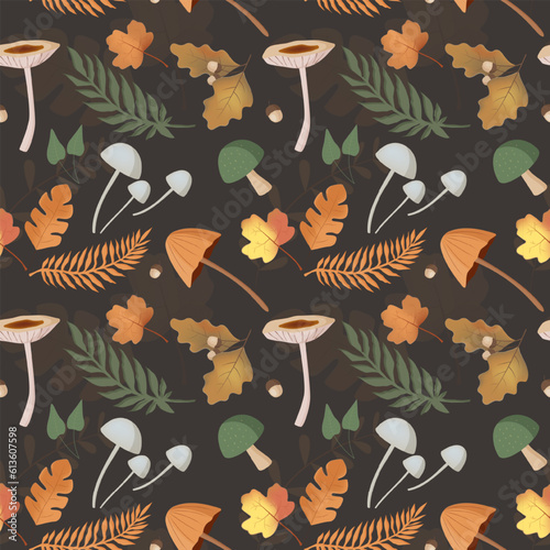 Autumn pattern with mushrooms, leaves. Fall background, vector seamless pattern.