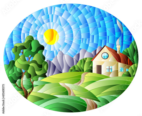 Illustration in stained glass style landscape with a lonely house amid field,sun and sky, oval image