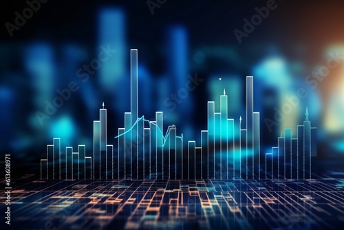 Stock market growth, business investing and data concept with digital financial chart graphs, diagrams and indicators on dark blue blurry background Generative AI