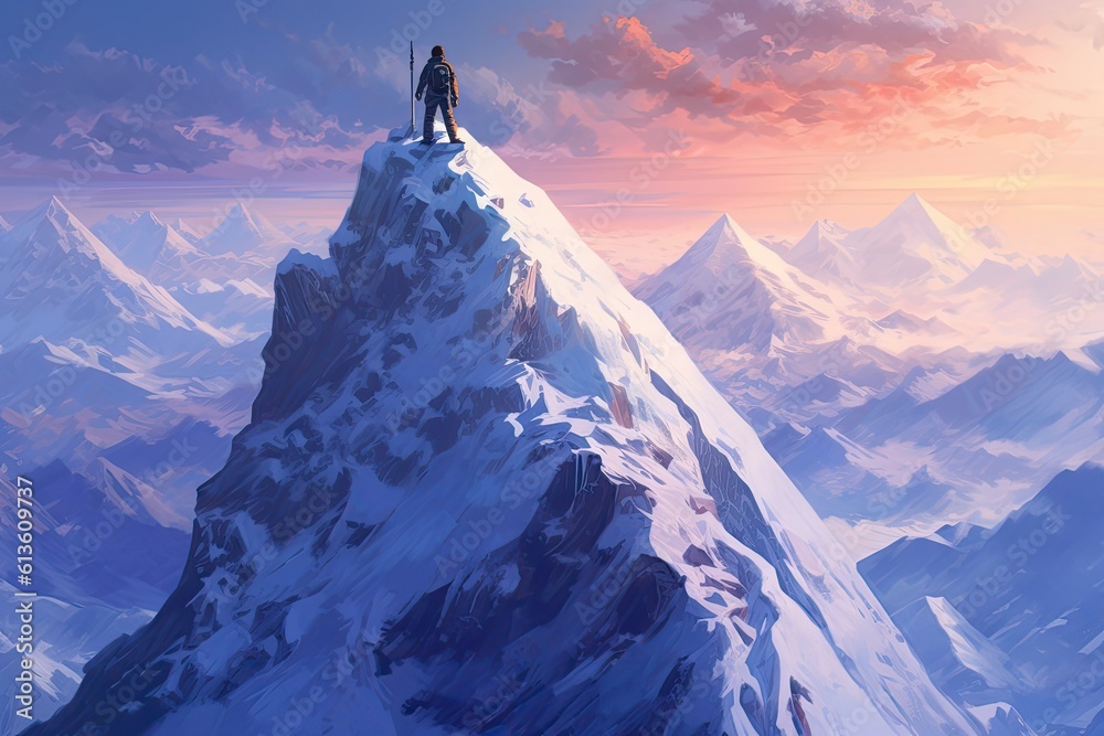 Inspiring view as a man stands triumphantly atop of a snow covered mountain